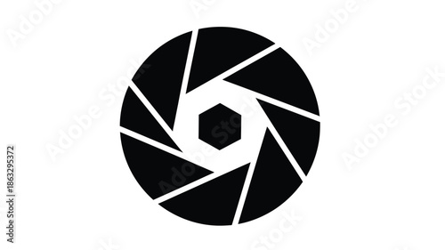 A striking black and white circular design featuring a camera aperture illustration