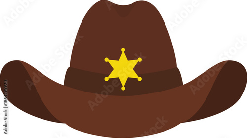 Brown Sheriff Cowboy Hat Icon with Gold Star Badge – Western Cartoon Vector Illustration