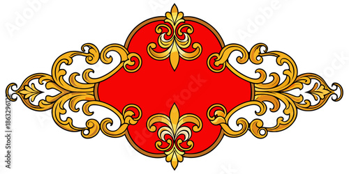 Ornate golden scrollwork frames a rich red oval, vector