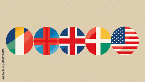 A vibrant illustration of five distinct national flags, each presented as a modern, flat-design circular icon, symbolizing global diversity and international community