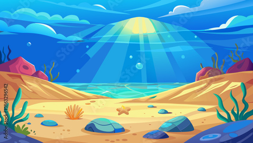 Sunlit Underwater Wonderland Golden Rays Piercing Through the Deep Blue Sea to Reveal a Vibrant Sandy Ocean Floor and Diverse Marine Life Thriving in a Tranquil Aquatic Environment