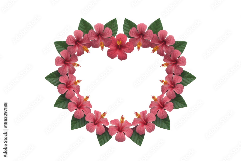 Fototapeta premium Heart shaped wreath of hibiscus flowers