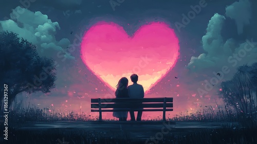 Couple sitting on bench watching romantic pink heart sunset