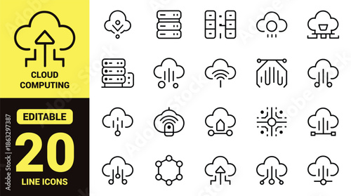 Black line icon set illustrating cloud computing, data storage, networking, cybersecurity, and digital infrastructure concepts