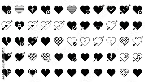 A curated collection of diverse heart icons, symbolizing love, health, and various emotions in a clean, graphic style