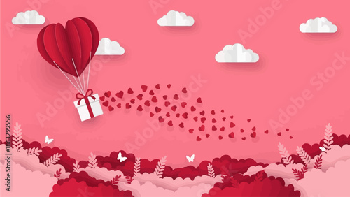 Romantic Hot Air Balloon Carries a Gift Box, Ascending Through Pink Clouds Amidst a Shower of Hearts