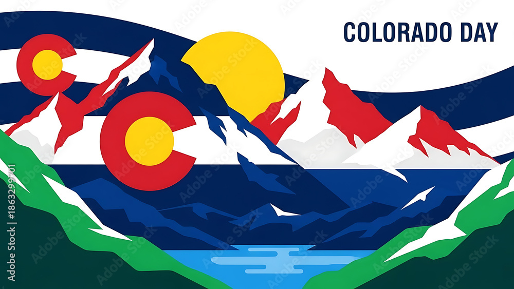 Fototapeta premium Vibrant Colorado Day illustration with mountains and state flag