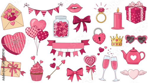 Elegant Valentine's Day Themed Illustration Set Featuring Romantic Hearts, Gifts, and Decorative Elements for Love and Celebration