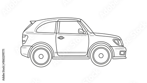 Outline of a modern two-door hatchback car, isolated on a white background, conveying automotive design and vehicle concepts