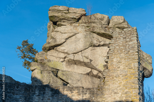 The medieval castle. The ruins of the castle on a winter evening? at sunset.