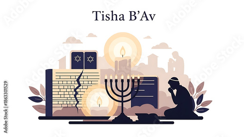 Tisha B'Av jewish holiday illustration with menorah and torah