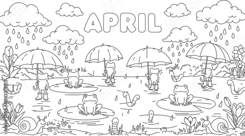 Beach scene with umbrellas and rain on a cloudy April day