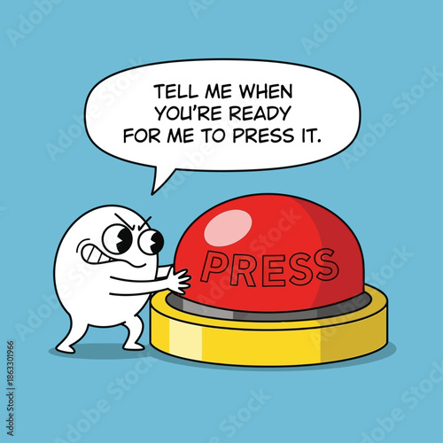 Cautious cartoon character ready to press big red button