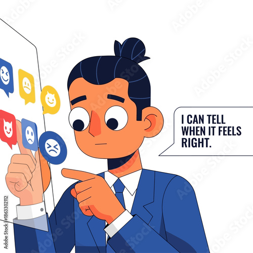 Businessman evaluating emotions on digital screen with speech bubble