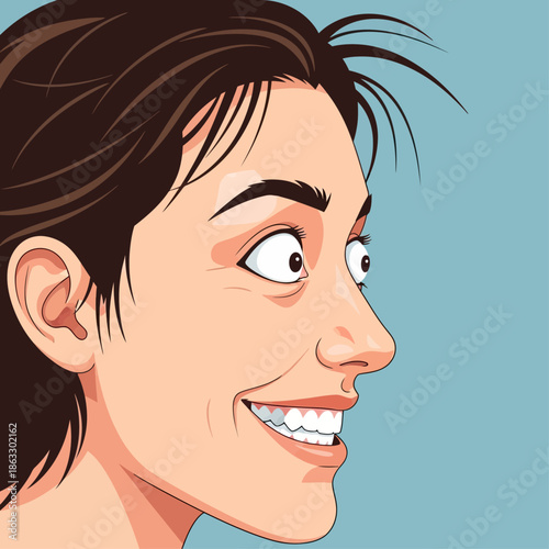Cartoon woman with brown hair smiling cheerfully