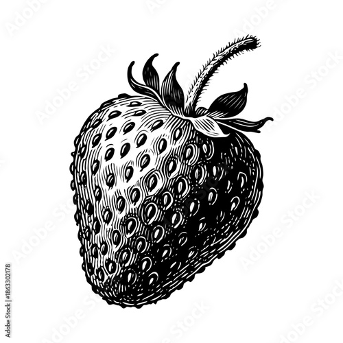 Intricate hand-drawn strawberry with stem and leaves, in engraving style, isolated on white background, concept of organic fruit sketch