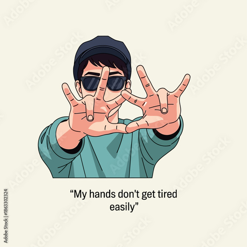 Cartoon man gesturing confidently with hands up in air