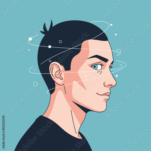 Young man with futuristic digital connections in his mind