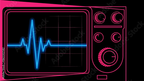 Neon blue ECG heartbeat on vintage monitor with pink controls