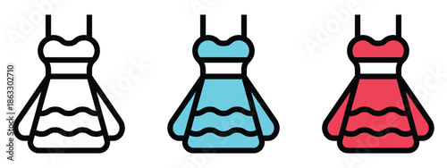Colorful dress icons in white, blue, and red for fashion design