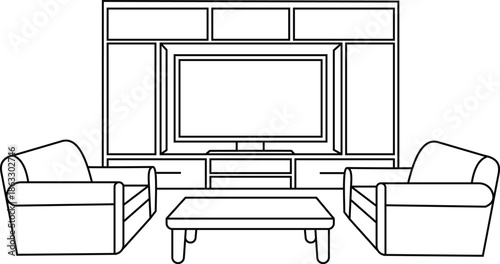 Living room interior design line art illustration with tv entertainment center armchairs and coffee table