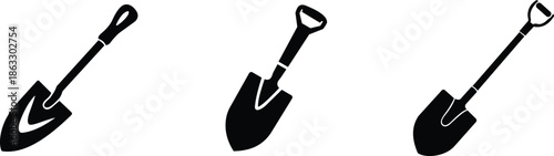 Set of minimalist shovel and spade silhouette icons for gardening farming and construction tools