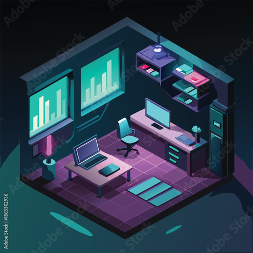 Late Night Stock Market Trading and Financial Analysis Home Office with Glowing Screens and Laptop on Desk in Isometric View
