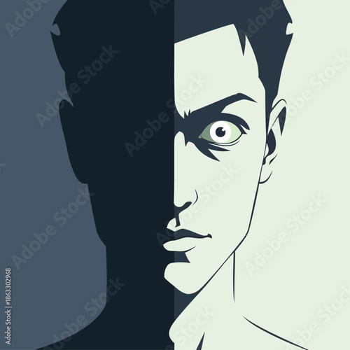 Split personality concept with contrasting dual faces