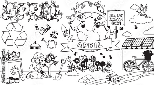 Earth Day Celebrations with Recycling and Sustainability Efforts Illustrated