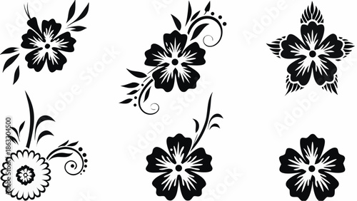 Elegant black floral designs on white background