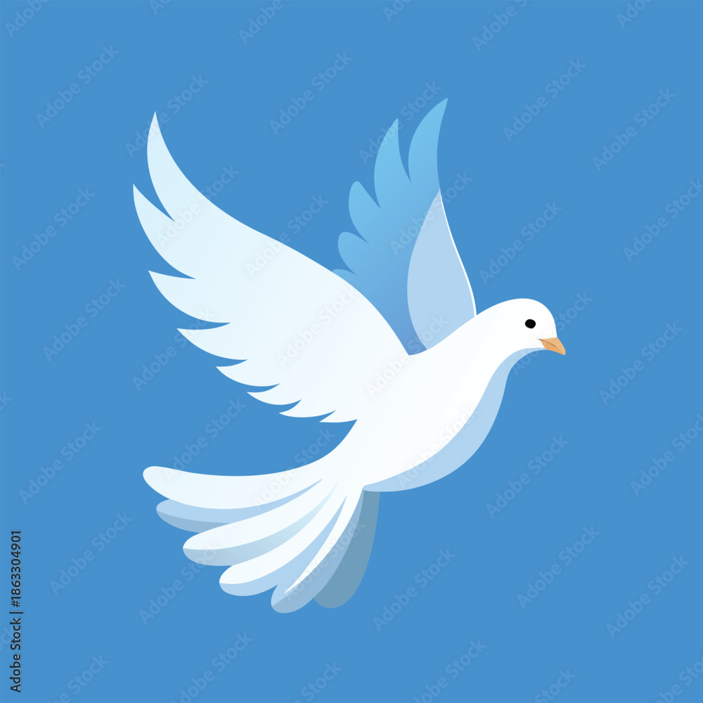 Obraz premium Symbolic illustration of a white dove flying gracefully in a clear blue sky, representing peace, hope, freedom, and spirituality.