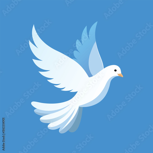 Symbolic illustration of a white dove flying gracefully in a clear blue sky, representing peace, hope, freedom, and spirituality.