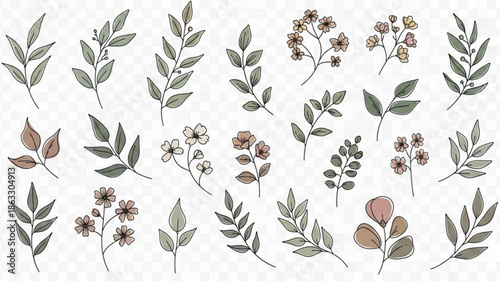 Whimsical floral illustrations with leaves and flowers