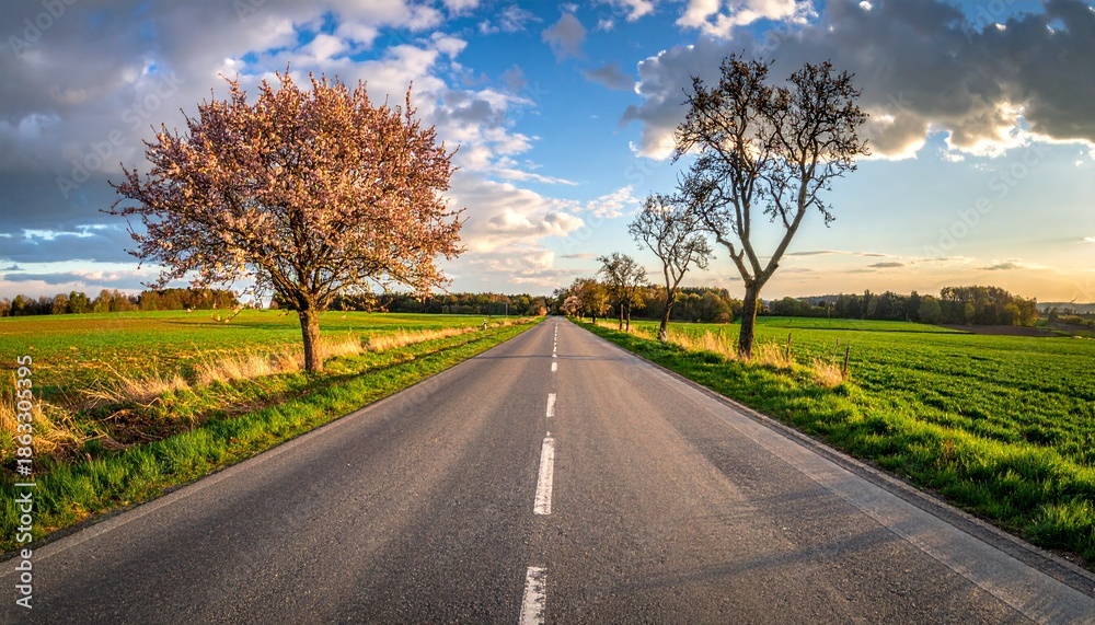 Fototapeta premium Bright road stretches through green fields and blooming trees under a clear sky during late afternoon