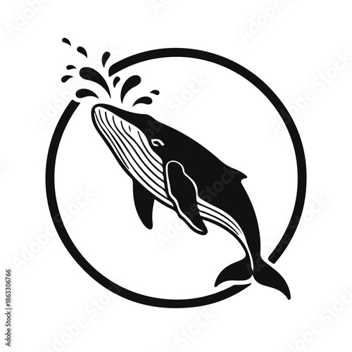 Black and white whale jumping inside circle, marine life symbol. whale logo, sea animal, ocean life