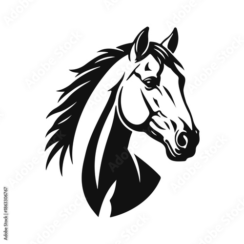 Stylized black and white horse head logo with flowing mane. horse logo, animal head, stallion symbol