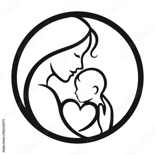Minimal mother holding baby in circular frame, maternal love concept. mother baby, maternity icon, family love