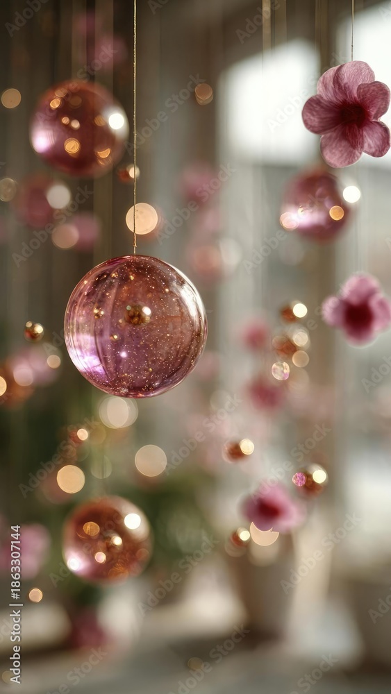Fototapeta premium Pink glass ornaments suspended by threads with soft bokeh lights in the background. Concept Pink glass ornaments, Suspended by threads, Soft bokeh background, Festive decor, Warm lighting