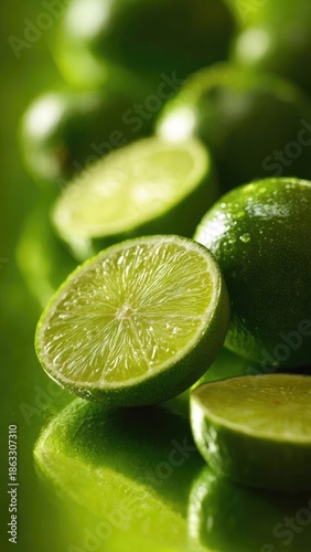 Fresh green limes, halved and sliced, arranged on a glossy green surface. Concept Citrus Still Life, Lime Close-Up, Fresh Produce, Halved Limes, Glossy Green Surface