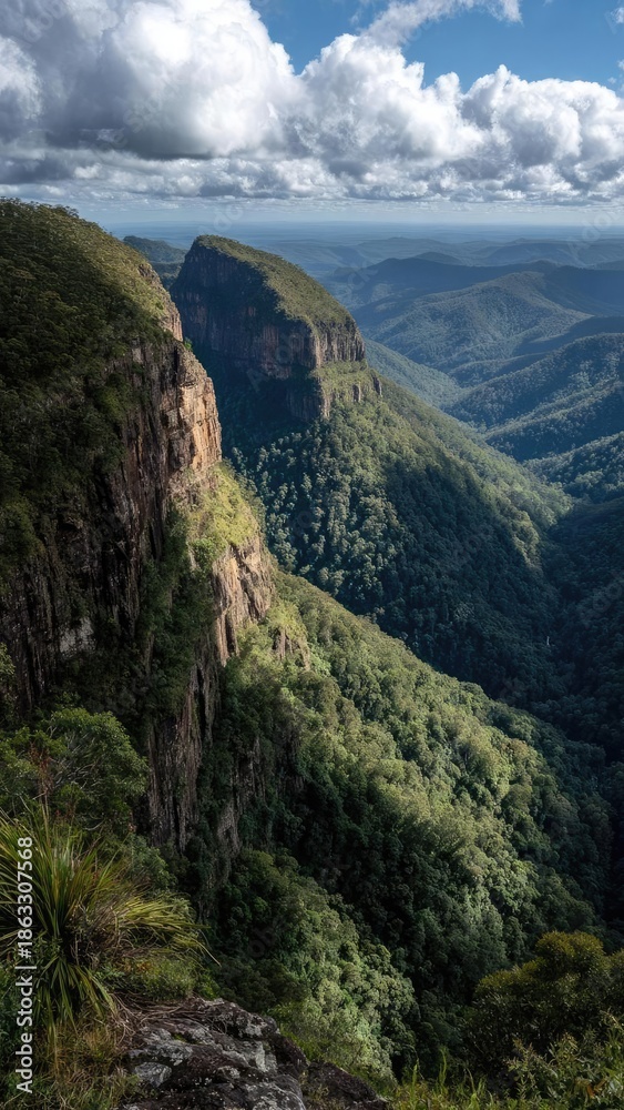 Fototapeta premium Dramatic gorge with towering cliff faces and a dense green rainforest stretching into the distance under a cloudy blue sky. Concept Dramatic Gorge, Towering Cliff Faces, Dense Green Rainforest