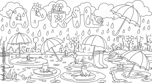 Flooding scene with floating umbrellas and people in a rainy environment viewed from above