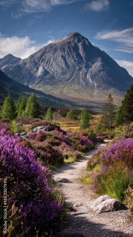 Obraz premium Path winds through purple heather toward a towering mountain under a clear blue sky. Concept Mountain Landscape, Heather Field, Clear Blue Sky, Winding Path, Scenic Photography