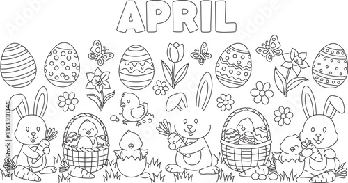 Easter bunnies and eggs in a spring scene with flowers and baskets