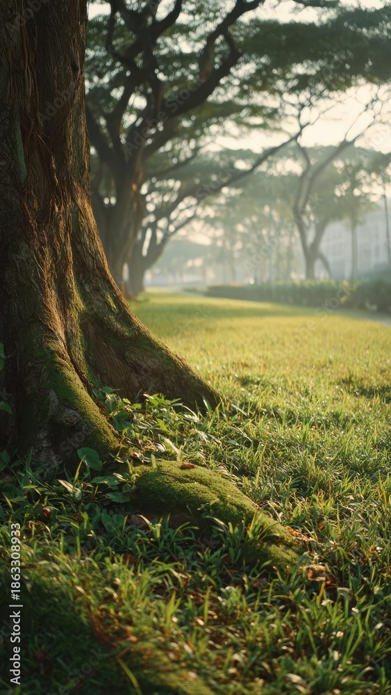 Obraz premium A mossy tree trunk in a sunlit park, with lush green grass and a line of trees receding into the distance. Concept Mossy Tree Trunk, Sunlit Park, Lush Green Grass, Receding Line Of Trees