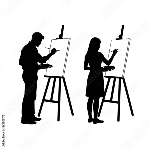 Silhouette of people painting on easels Isolated On Transparent Background.