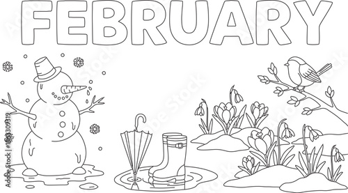 Winter scene illustration featuring melting snowman and umbrella on a snowy day