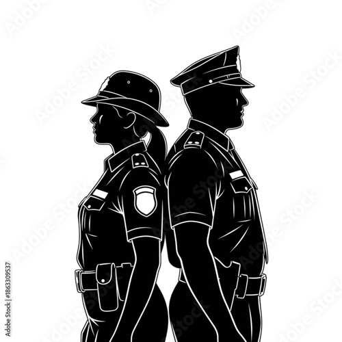 Two police officers standing back to back Isolated On Transparent Background.