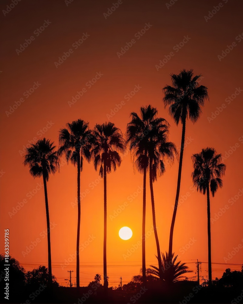 Obraz premium Silhouetted palm trees against a vivid orange sunset with the sun near the horizon. Concept Silhouetted Palm Trees, Vivid Orange Sunset, Sun Near Horizon, Golden Hour Silhouette, Tropical Landscape
