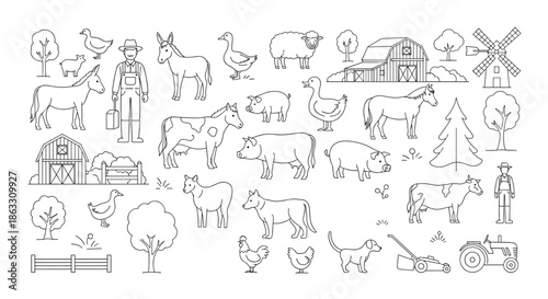 Large set of farm life and agriculture icons in a simple line art style including animals buildings and equipment.