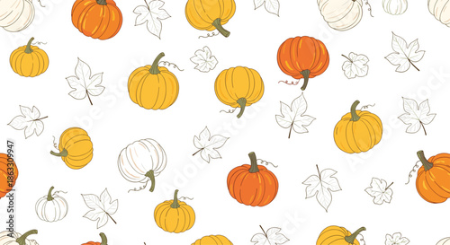 Seamless autumn pattern with colorful pumpkins and sketched maple leaves on a clean white background for Thanksgiving.